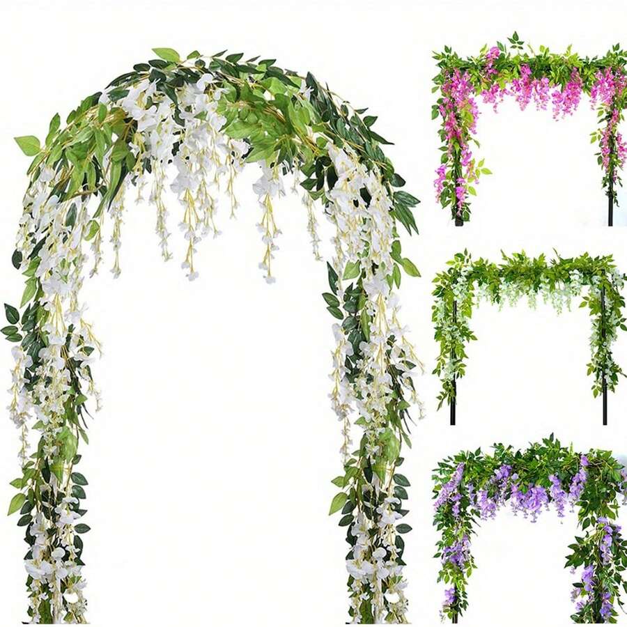1条，180厘米/5.9英尺紫色紫藤花环，人造丝白色紫藤藤蔓垂挂花，适用于婚礼拱门装饰、房间装饰、家居装饰、派对花园桌面背景、生日毕业装饰 - 彩色 - 查看 1
