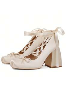 Ballet Mary Janes High Heels For Women Square Toe Satin Lace Up Ballerina Stiletto Heels With Bow Elegant Wedding Party Pump Heels For Women  - 杏色 - 查看 2