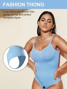 1件装女士无缝塑身连体衣，丁字裤底，塑形收腹，紧身塑形连体衣，束腰带，浅蓝色 - 藍色 - 查看 3