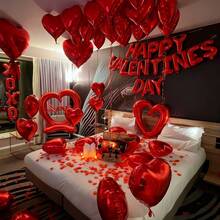 Valentine's Day Balloon Set, I LOVE YOU Red, Anniversary Decoration Balloon Set, Happy Anniversary Banner, Red Latex Balloons, Red Foil Standing Heart Balloons, Suitable For Valentine's Day Decoration, Anniversary Wedding Proposal Party Birthday Gathering New Year Indoor Decoration - 彩色 - 查看 1