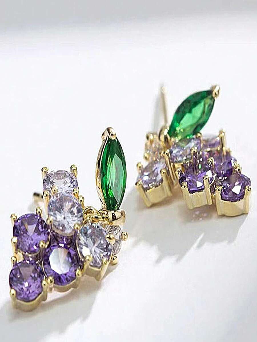 1 Pair Delicate, Minimalist, Cute Grape Cluster Design Earrings, Nature-Inspired Creative Jewelry - Purple-white - View 1
