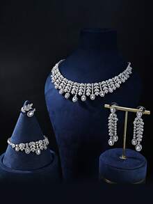 4pcs Platinum Plated Cubic Zirconia Luxury Banquet Jewelry Set - Necklace, Earrings, Bracelet, Open Ring, Shiny Jewelry For Women Wedding Party - Platinum Round Floral 4-piece Set - View 5