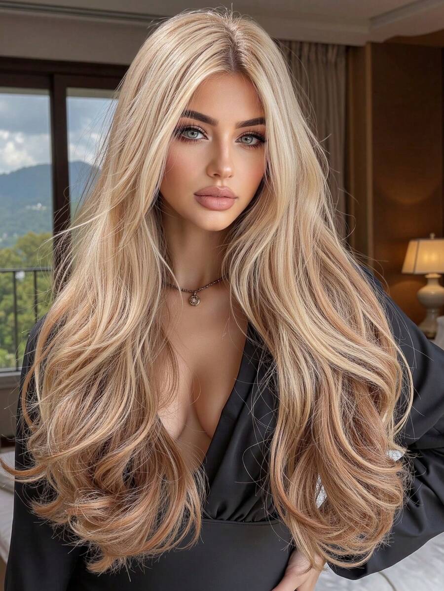 Peluca sintética ondulada de 28 pulgadas de largo con degradado de marrón, raya al medio, rubio claro, rizos largos para mujeres para uso diario, fiestas, cosplay, vacaciones, Halloween, Navidad, Año Nuevo, festivales de música, regalos para niñas, regalos de graduación de verano, regalos preparados, regalos de Halloween y Navidad - Resaltar marrón - Ver 1