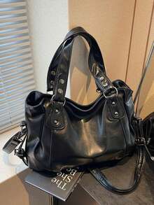 1pc Vintage Large Capacity Handbag, Vintage PU Messenger Shoulder Bag, Women Casual Tote Bag & Wallet, Bohemia Style Bag For Women, Tote Bags For School,College Essentials, Street & Japanese Bag For Women, New Fashionable Big Bags For Women, New Arrival Tote Bags For Woman , Vintage Bag , Y2k , Office - 黑色 - 查看 12