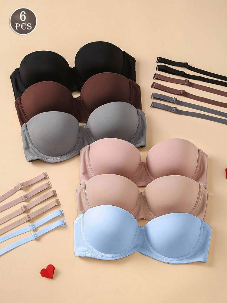 6pcs/Set Women's Strapless & Backless Padded Bras, Suitable For Wedding Dresses, Cold-Shoulder Summer Outfits, Non-Detachable Lining, Nylon Elastic Blend - Multicolor - View 1