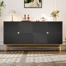 Textured Sideboard, 160 Cm, Four-Door Cabinet, Brushed Gold Handles And Glossy Lacquered Table Legs, White, 160 * 40 * 82 Cm - Black - View 12