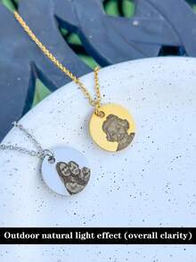 Customized Portrait Engraved Round Photo Pendant Necklace, Stainless Steel Handwritten Text Cross Chain Memorial Necklace - O Chain - View 4