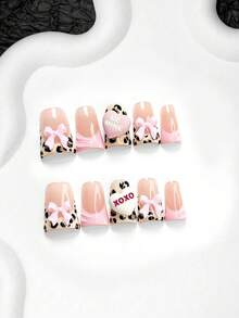 10pcs Leopard Print Nail Art Set, French Manicure Stickers, Almond Shape Nail Stickers, Square Nails, Duck Beak Nails, Water Drop Decorative Fake Nails, 3D Hearts, Pink Bow Nail Decor, Includes Tool Kit (1 Jelly Sticker + 1 Nail File), Suitable For Women And Girls, Daily Photo, Party, Valentine's Day Nail Supplies - 彩色 - 查看 13