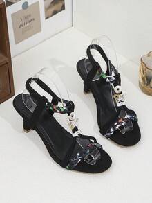 Y2K Black Floral Print Peep Toe Heels For Teen Girls, T-Strap Ankle Wrap Mid Heel Sandals With Metal Charm, Vintage Boho Party Wedding Dressy Casual Shoes - Black - View 3