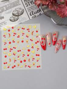 6pcs Cherry Bow Nail Art Stickers Set, Sweet Red Bow Design With Gold Accents, Self-Adhesive DIY Nail Decor, Cherry Theme Nails - Multicolor - View 5