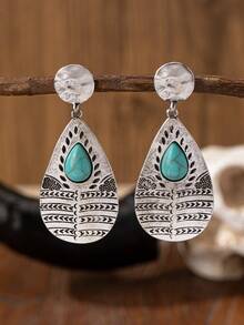 1 par de pendientes con piedra de turquesa azul con diseño occidental para mujeres - Pendientes de lágrima de turquesa de inspiración azteca - Ver 4