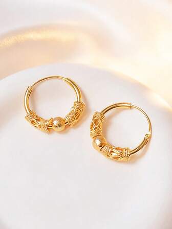 Pendientes de anillo con baño de oro vintage, con detalles exquisitamente tallados y diseño texturizado, joyería de moda bohemia para mujer adecuada para uso diario y de fiesta