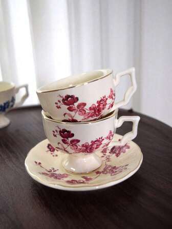 1pc 100ml Ceramic French Espresso Cup & Saucer, Afternoon Tea Coffee Cup, Elegant Ceramic Coffee Cup & Saucer, Vintage Afternoon Tea Flower Tea Set