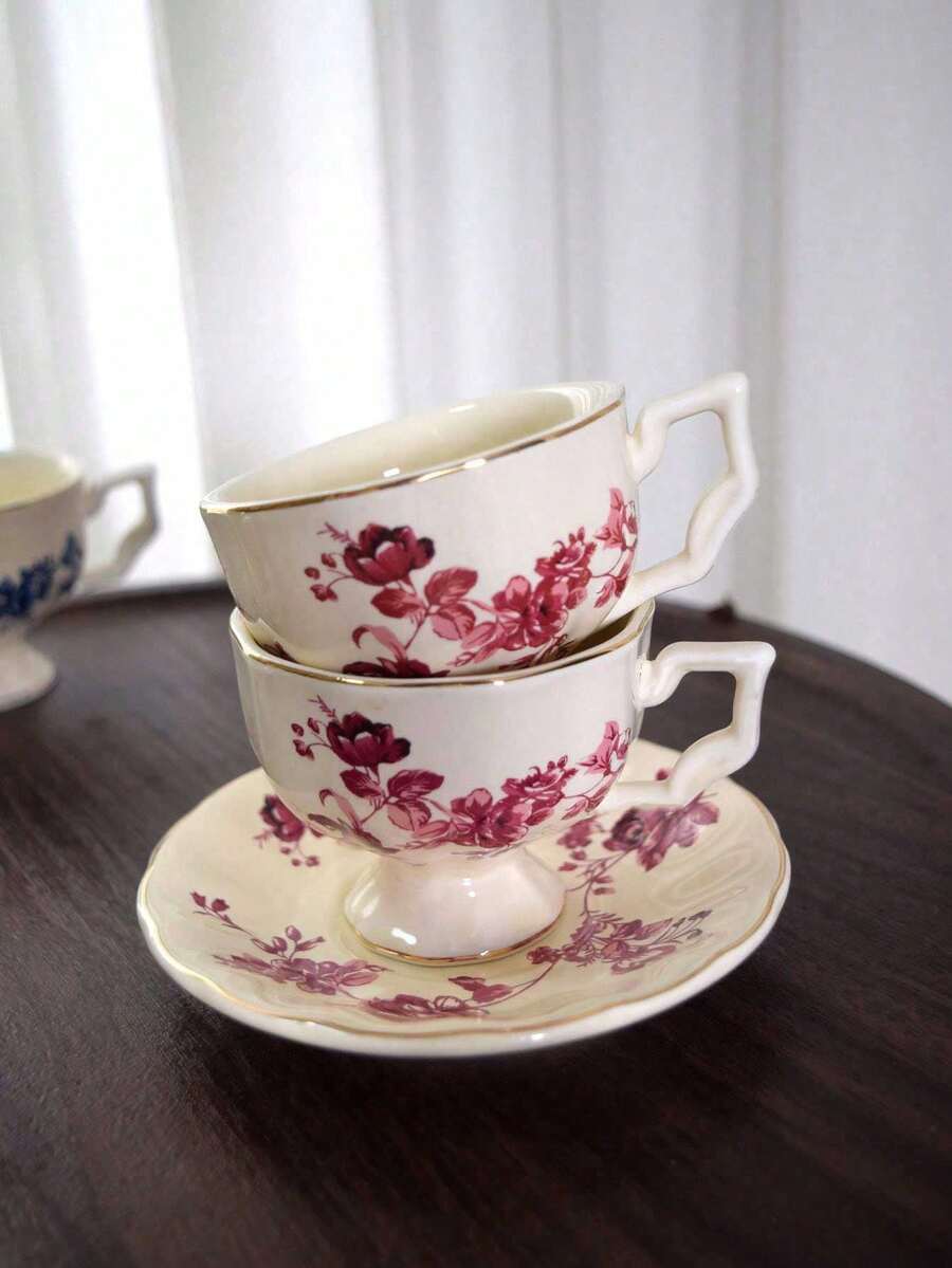 1 pièce Tasse à expresso française en céramique de 100 ml et soucoupe, tasse à café pour le thé de l'après-midi, tasse à café élégante en céramique et soucoupe, service à thé de l'après-midi vintage avec motif floral - carthame - Voir 1