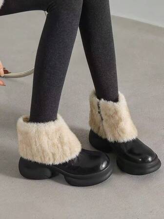 Casual Women's Fuzzy Patchwork Contrast Color Round Toe Low-Top Asymmetric Heel Sneakers With Side Zipper, Edgy Style Street Fashion Shoes For Autumn/Winter, Versatile Wear