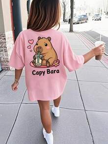 Girls & Teens' Casual Pink Graphic Print Crew Neck Short Sleeve T-Shirt, Summer Top - Pink - View 8