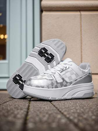 1 Pair Women's Striped Plaid Lace-Up Design Thick Sole 4-Wheel Roller Skate Shoes, Casual Sports Style, Silver PU Wheels, Suitable For All Seasons