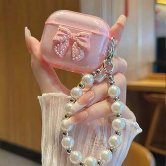 1pc Soft Pearl Bow Glitter Transparent Anti-Drop Earphone Case + Pearl Hanging Chain Bluetooth Earphone Case Suitable Compatible With Apple 1st/2nd/3rd/Pro/Pro 2nd Generation, Creative Design For New 4th Generation