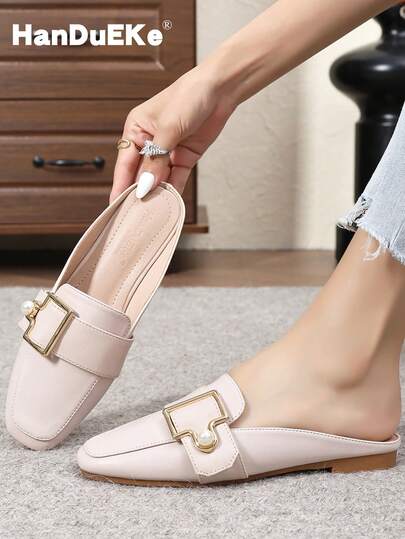 女士方头平底穆勒鞋，新款粗跟套脚休闲软底乐福鞋，春秋季，低跟，英伦风，大码，米色