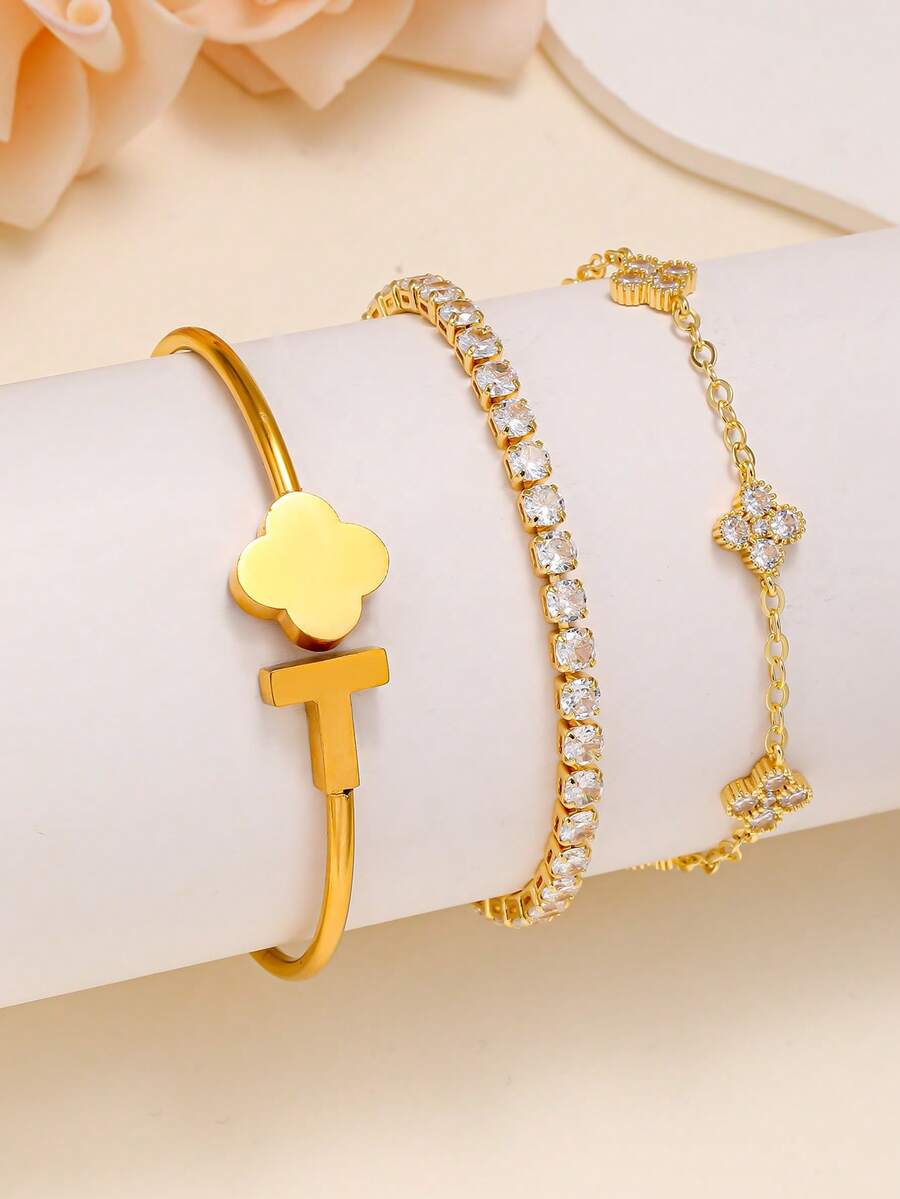Elegant Fashion Four-Leaf Clover Zirconia Inlaid Hollow Four-Leaf Clover Bracelet Stainless Steel Women's Bracelet Set, Suitable For Daily Wear, Formal Occasions, Dates, And Gift-Giving - Yellow Gold - View 1