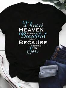 Women Plus Size WoWomen T-Shirt I Know Heaven Is A Real Beautiful Place They Have My Son Graphic Casual Crew Neck Short Sleeve Stretchy Summer Top Black 220g Big Size L-3XL 4XL 5XL - 黑色 - 查看 2