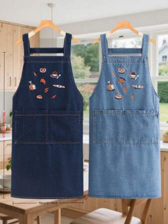 一件时尚水洗帆布围裙，卡通刺绣图案，柔软舒适，加长肩带设计，女士围裙，适合厨房烹饪、咖啡馆、餐厅、派对等场合。