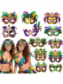 6pcs Mardi Gras Masks, Made Of Cardboard, For Masquerade Ball Decoration, Carnival Decor, Home Accents, Party Hanging Decorations, Themed Parties, Venetian Carnival Performance & Photo Props - 彩色 - 查看 1