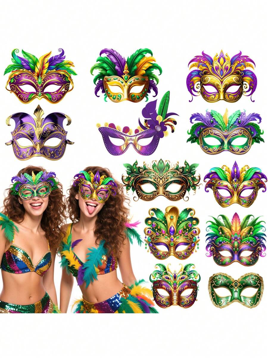 6pcs Mardi Gras Masks, Made Of Cardboard, For Masquerade Ball Decoration, Carnival Decor, Home Accents, Party Hanging Decorations, Themed Parties, Venetian Carnival Performance & Photo Props - 彩色 - 查看 1