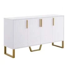 High-Gloss Lacquered Sideboard, 4 Doors, Metal Handles And Legs, White Geometric Pattern, 140 Cm (L) X 40 Cm (W) X 80 Cm (H) - White - View 5