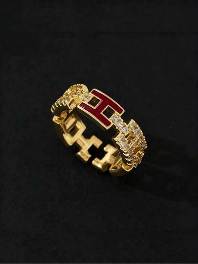 1pc Elegant Color-Drip White-Zirconia Letter-H Ring, A Chic Goddess-Worthy Accessory Perfect For Parties And Anniversary Gifts.