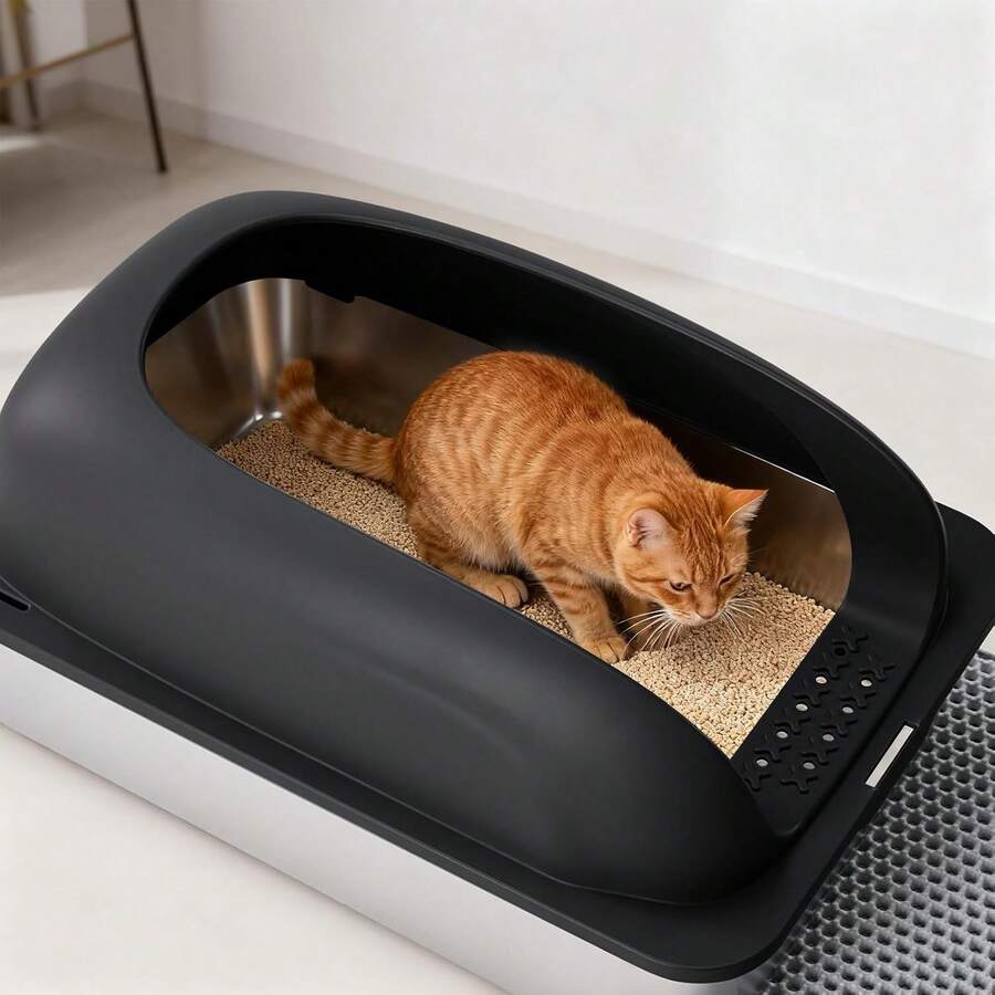 OLIXIS Stainless Steel Cat Litter Box With Lid, Large Cat Litter Box For Big Cats, High Wall Sides, Anti-Urine Leakage, Easy Cleaning, Scoop And Mat Included, Black - 24英寸 - 查看 1