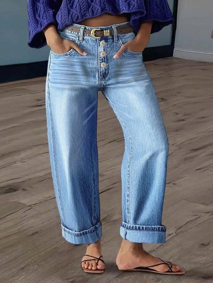 女士经典直筒牛仔裤 - 单扣腰带，宽松版型，日常牛仔裤 - 淺色水洗藍 - 查看 1