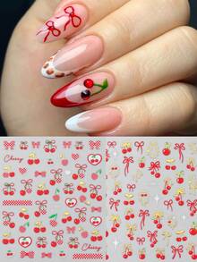 6pcs Cherry Bow Nail Art Stickers Set, Sweet Red Bow Design With Gold Accents, Self-Adhesive DIY Nail Decor, Cherry Theme Nails - Multicolor - View 2