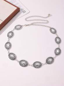 1 chiếc Dây thắt lưng cổ điển phong cách phương Tây Boho khắc hoa bằng kim loại dành cho nữ, giản dị và thời trang - Dây chuyền thắt lưng Tangcao hình bầu dục màu vàng - Xem 3