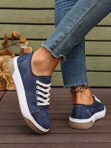 女士休闲户外帆布鞋，简约复古时尚休闲运动鞋，轻便舒适多功能日常通勤平底鞋 - 藏蓝色 - 查看 5