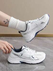 Nuevos tenis transpirables de malla para mujer, otoño 2025, con punta redonda, cordones, suela gruesa antideslizante, zapatos deportivos casuales versátiles para primavera y otoño - Blanco - Ver 12