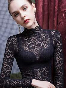 Women's Lace Turtleneck Undershirt, Fitted Stylish Sexy Mesh T-Shirt Top, Spring/Autumn - Black - View 3