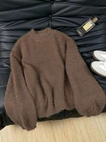 Vivid Style 女士柔软抓绒圆领套头衫，宽松柔软羊毛针织毛衣，街头风，圣诞毛衣，新年毛衣 - 棕色 - 查看 2