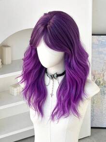20英寸中长紫色卷发假发，女士齐肩波浪卷发，带刘海，天然合成耐热纤维假发，适合女孩日常派对佩戴 - 紫色 - 查看 3