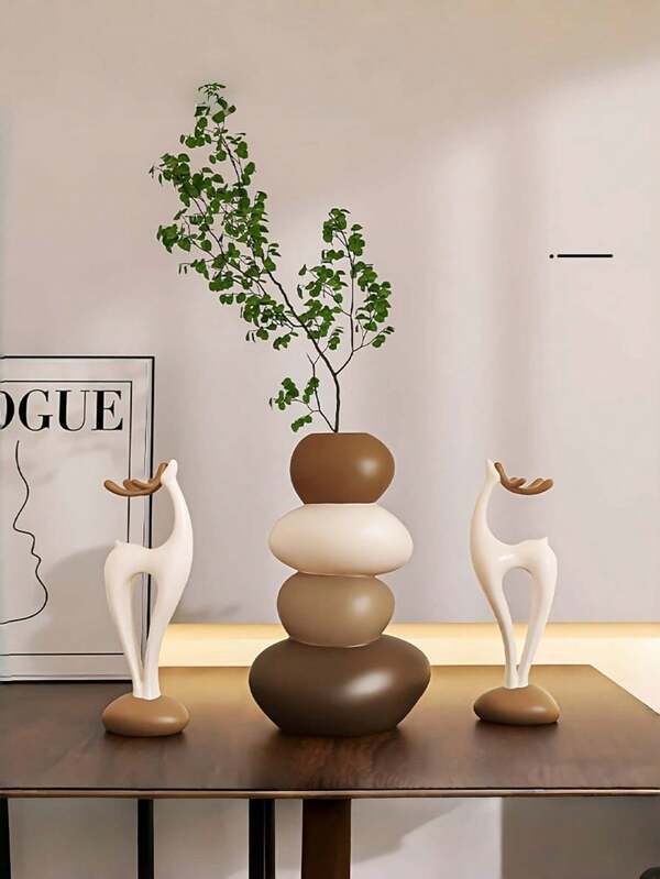 1/3 pièces Figurine de cerf mignonne et ensemble de vase en pierres empilées, décoration d'intérieur bohème esthétique avec un charme rustique et artisanal, parfait pour le salon, l'étagère de la chambre, le centre de la table basse, ornements de style nordique minimaliste pour améliorer l'ambiance du bureau et de la pièce, décorations artistiques uniques idéales comme cadeaux pour les amateurs de nature, les passionnés de décoration intérieure et les cadeaux de pendaison de crémaillère (Conseil : vous devez fixer les bois vous-même)