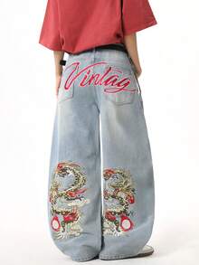 1pc Men's American Street Style Embroidered Wide Leg Jeans, Loose Casual Comfortable Commuting Versatile Denim Pants (No Belt Or Accessories) - 藍色 - 查看 5