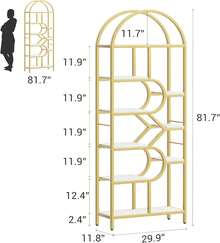 Estante de libros de 6 niveles, estantería arqueada alta de 81,7 pulgadas con marco de metal, estantes de almacenamiento abiertos geométricos, estante de pantalla moderno grande para dormitorio sala de estar oficina en casa, estante de libros robusto