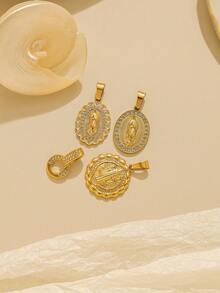 1pc/Pack 304 Stainless Steel Gold-Plated Rhinestone Round Buckle Accessory, Religious Series Necklace Keychain Jewelry Pendant - Gold - View 5