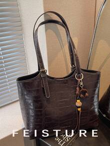 Tas Bahu Kapasitas Besar untuk Perjalanan Sehari-hari, Tas Tote Motif Buaya Retro, Penutup Magnetik, Dengan Liontin, Cocok untuk Jalan-jalan Sehari-hari, Kencan, dan Perjalanan. - Kopi - View 10