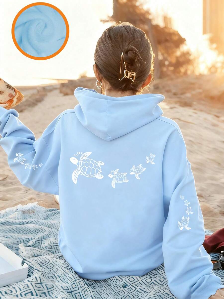 少女图案印花保暖内衬套头衫，温暖舒适，适合秋冬季 - 淺藍色 - 查看 1