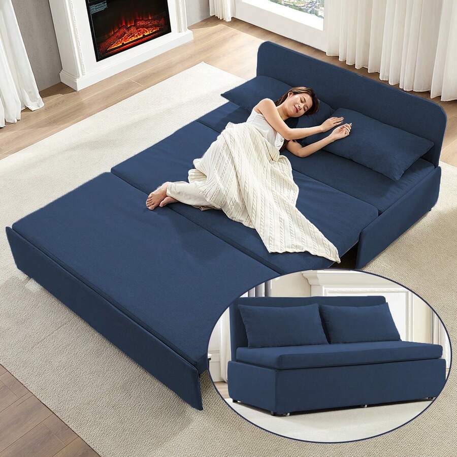 Puremind Modern Queen Size Loveseat Sofa Bed, 2 In 1 Convertible Linen Fabric 2-Seater Sleeper Sofa Couch With Cushions - 藏蓝色 - 查看 1