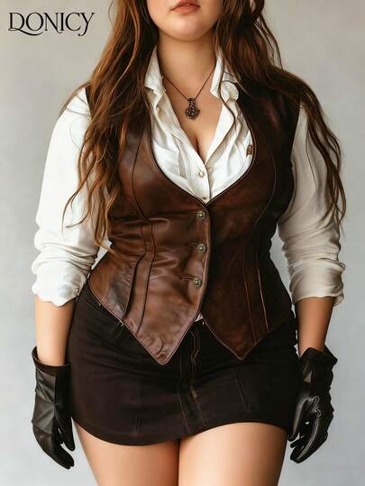 DONICY Conjunto elegante de talla grande para mujer, chaleco corto ajustado de cuero sintético marrón vintage, chaqueta versátil de negocios casuales de moda, adecuada para citas, fiestas, conciertos, Año Nuevo, San Valentín, primavera y otoño