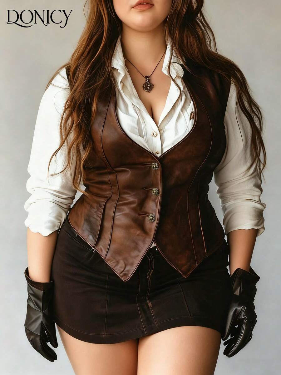 女士大码优雅春夏服装：复古棕色PU皮革修身短款背心，时尚休闲商务百搭外套，适合约会、嘉年华、派对、音乐会、春秋季各种场合。 - 棕色 - 查看 1