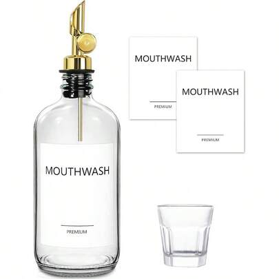 Dispensador de enjuague bucal SLAW para baño, 1 paquete, recipiente de vidrio para enjuague bucal con vaso de 17 onzas líquidas, botella dispensadora de enjuague bucal recargable con bomba