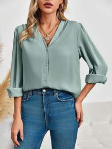 Cicybell Business Casual Tops Summer Long Sleeve Button Down Shirts V Neck Chiffon Blouses - 薄荷綠 - 查看 4
